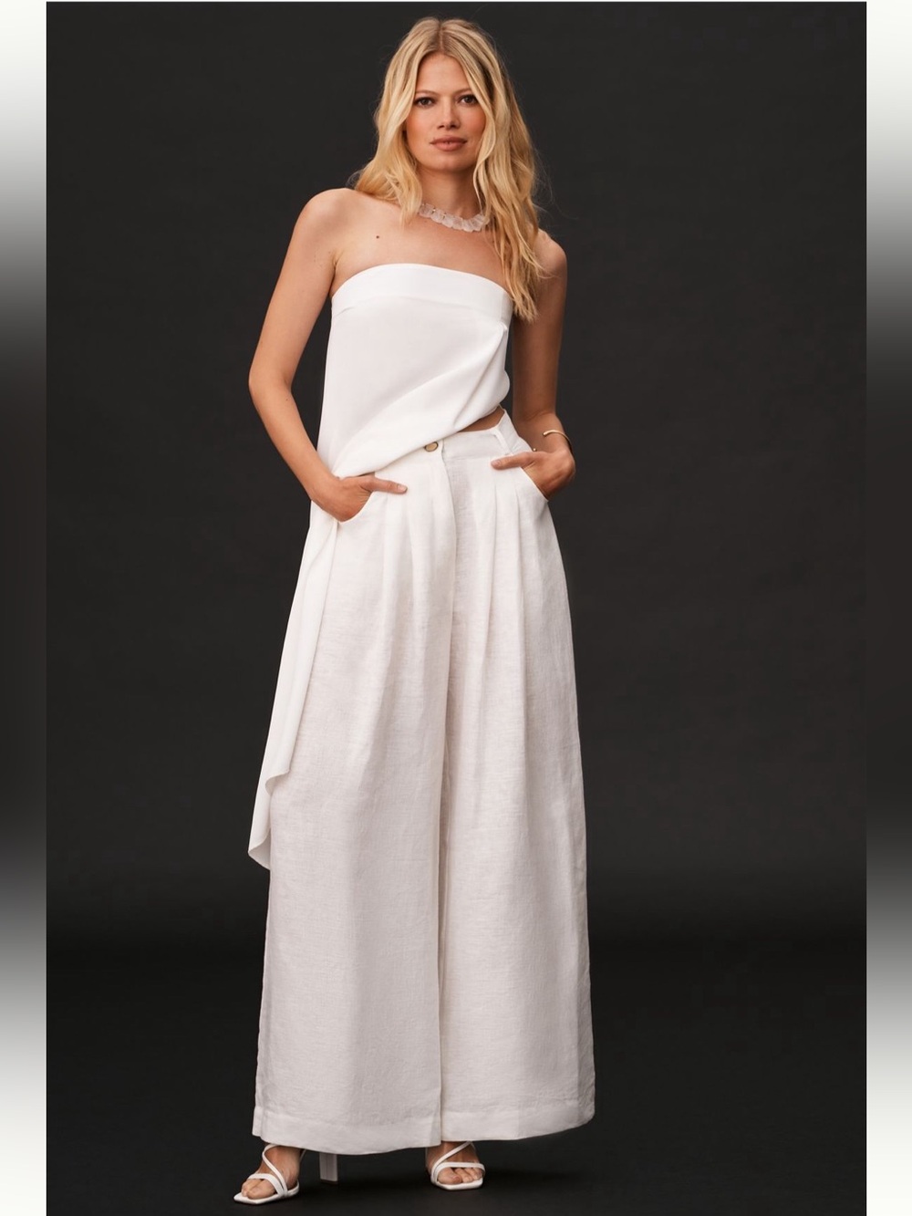Farm Rio White Wide Leg Linen Pleated Trousers Pants in Size Extra Small